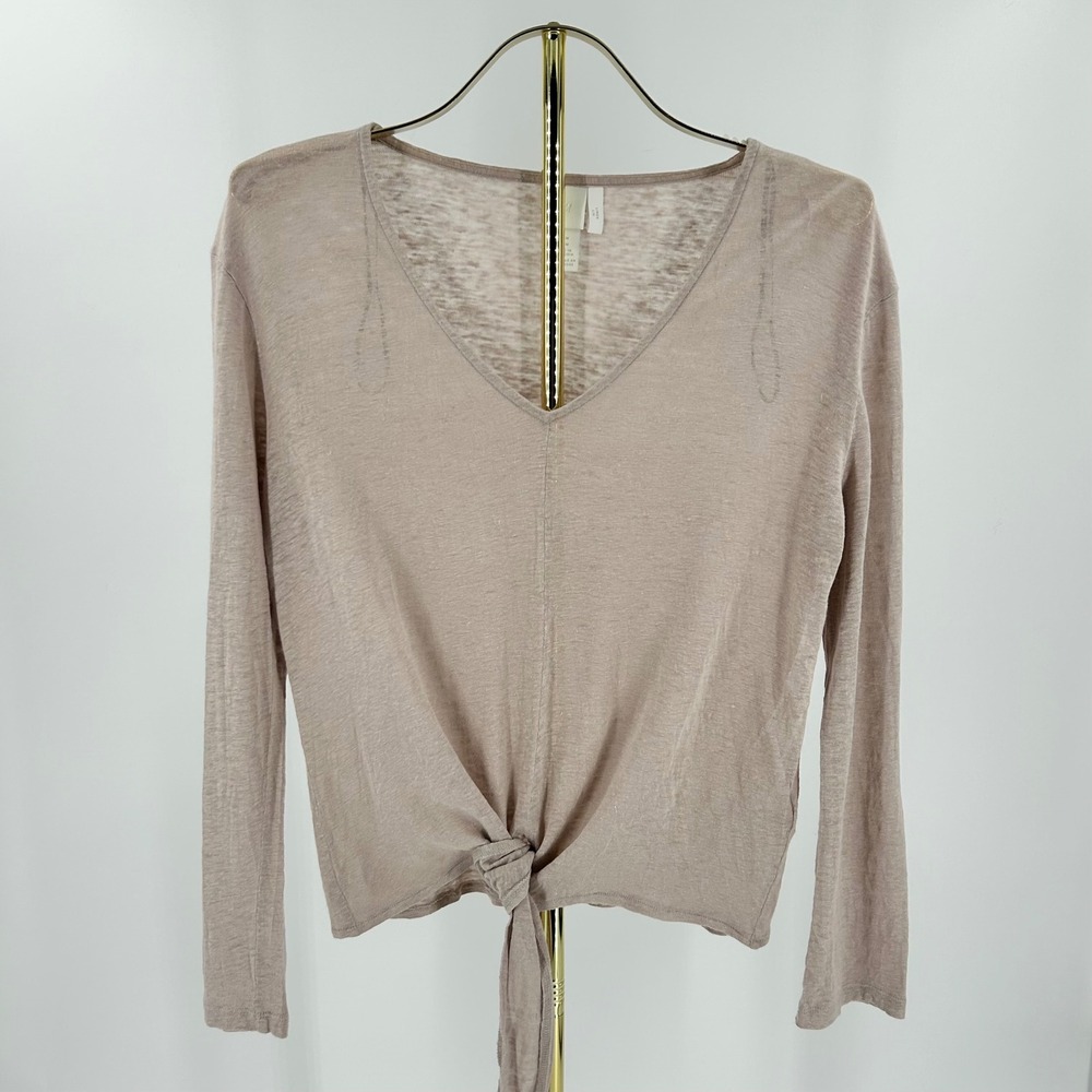 H&M Women Linen V-Neck Tie-Front Long Sleeve Knit Top Size M